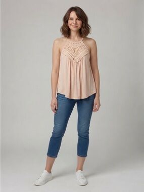 Sleeveless Crochet Yoke Camisole Tank - Cream